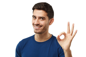 Young man showing OK or okay gesture with fingers of one hand