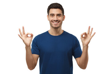 Fototapeta premium Young man showing OK or okay gesture with both hands