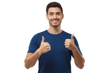 Close-up of young man showing thumbs up, concept of satisfaction with quality and recommendation