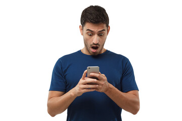 Portrait of handsome young man in blue t-shirt holding phone, looking scared and confused reading...