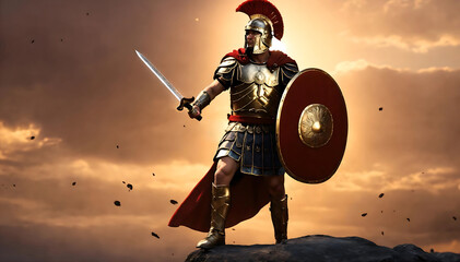 Roman male legionary (legionaries) wear helmet with crest, gladius sword and a scutum shield, heavy infantryman, realistic soldier of the army of the Roman Empire, on Rome background. Generative ai - obrazy, fototapety, plakaty