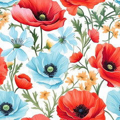 watercolor multi summer floral poppy flower seamless pattern