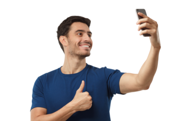 Portrait of young handsome man using phone to take selfie