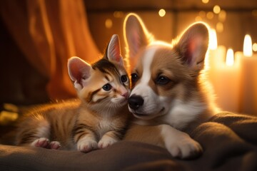 A corgi dog and a cat are lying on a sofa in a cozy warm room against a background of candles.