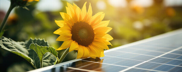 Sunflower leaning over a solar panel symbolizing the use of sun energy through photosynthesis and photovoltaic process. Clean renewable power generation.