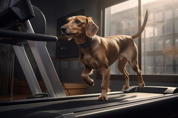 The dog does sports on the treadmill in the gym.  - obrazy, fototapety, plakaty