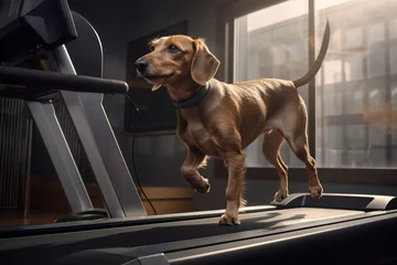 Rolgordijnen The dog does sports on the treadmill in the gym.  © Alexandr