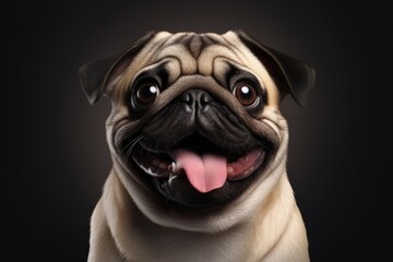 Portrait of a cute pug dog on a dark isolated background. Close-up.