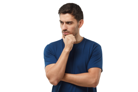 Pensive young man in blue t-shirt thinking, doubt concept