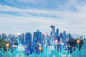 Skyscrapers Cityscape Downtown View, Seattle Skyline Buildings. Beautiful Real Estate. Day time. Forex Financial graph and chart hologram. Business education concept.