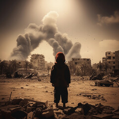 child of the east looks at the destroyed city war destruction arab mislim - obrazy, fototapety, plakaty