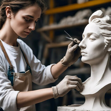 Escultora trabajando creando una escultura de un busto de una mujer