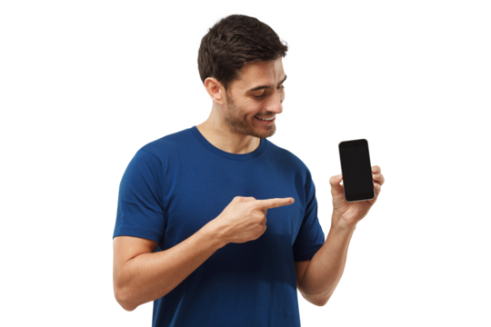 Portrait of happy man showing blank phone and pointing to black screen with finger