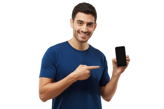 Portrait of smiling to camera man showing blank phone and pointing to black screen with finger