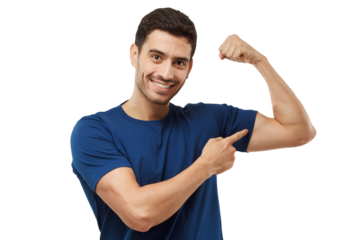 Young strong man in blue t-shirt, coach showing biceps after training in gym