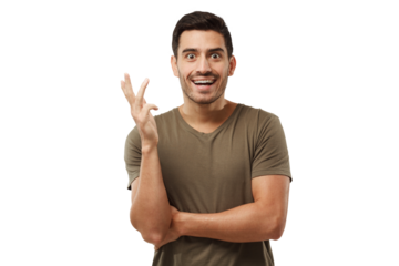 Excited handsome young man showing amazement, gesturing with hand. Wow and omg concept