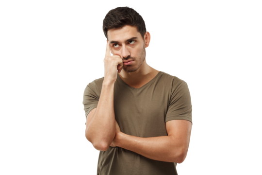 Thoughtful young man in t-shirt, gesturing with hand, solving relationship problem
