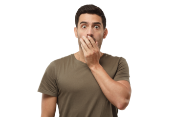 Shocked man covering his mouth with one hand, looking surprised, embarrassed and confused
