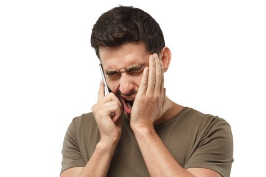 Boring phone call concept, young bored man yawning while having a conversation