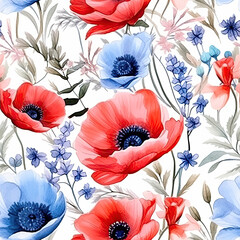 watercolor multi summer floral poppy flower seamless pattern