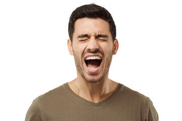 Close-up portrait of screaming with closed eyes young man