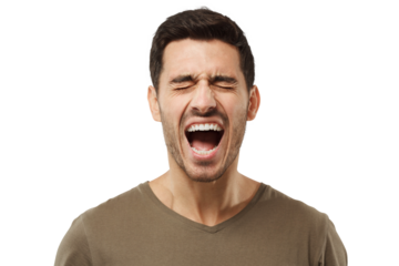 Close-up portrait of screaming with closed eyes young man