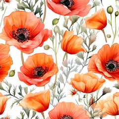 watercolor  summer floral poppy flower seamless pattern