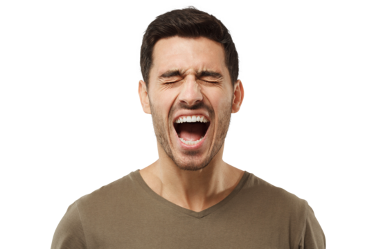 Close-up portrait of screaming with closed eyes young man