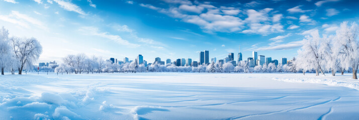 Panoramic snowy park scenes in Canadian cities at Christmas background with empty space for text 