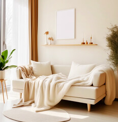 Minimalist home interior design for modern living room. Beige sofa with blank mockup poster frame, blanket and plants near the window