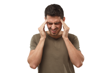 Portrait of young man suffering from severe headache, pressing fingers to temples, closing eyes in order to relieve pain