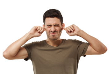 Stressed frustrated young man plugging his ears with fingers and keeping eyes closed, can't stand terrible noise from neighbours