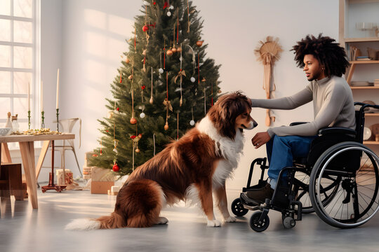  Young African American in wheelchair shares with his dog by the Christmas tree. Image made with AI