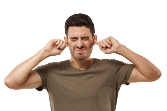 Stressed frustrated young man plugging his ears with fingers and keeping eyes closed, can't stand terrible noise from neighbours - Powered by Adobe