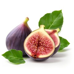 Fresh purple fig fruit and slices with leaf isolated