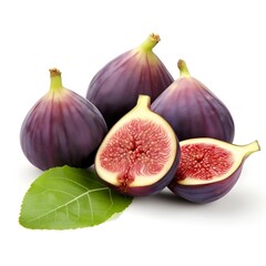 Fresh purple fig fruit and slices with leaf isolated
