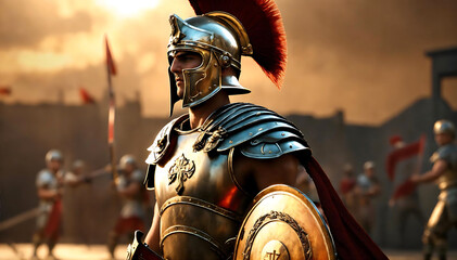 Roman male legionary (legionaries) wear helmet with crest, gladius sword and a scutum shield, heavy infantryman, realistic soldier of the army of the Roman Empire, on Rome background. Generative ai