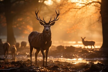 Red deer standing in the edge of a river in foggy forest. Created with Generative AI