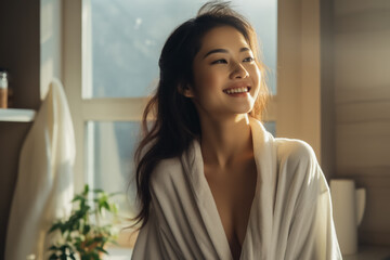 Asian young woman in bathrobe applies body lotion after shower; morning skincare routine 