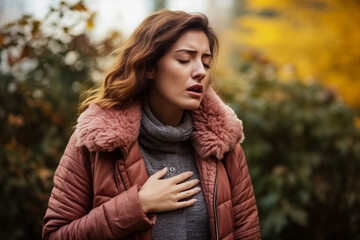 Coughing Caucasian woman in autumn young age  - obrazy, fototapety, plakaty