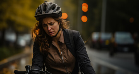 Exhausted a female city commuter pedals home from work on her bike 