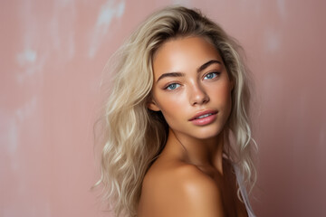 Naklejka premium Model showcasing flawless skin against dreamy pastel background 