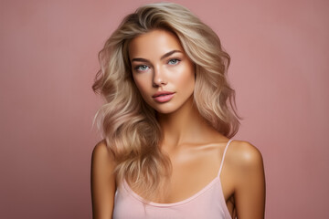 Fototapeta premium Model showcasing flawless skin against dreamy pastel background 