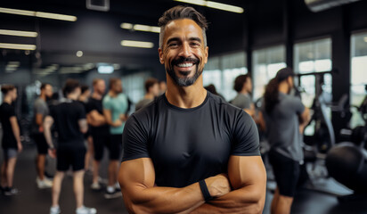 Fototapeta na wymiar Smiling man stands with arms crossed in fitness studio 