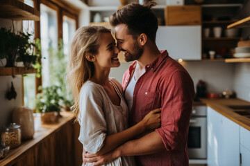 Young couple embraces passionately in kitchen after moving into new flat 