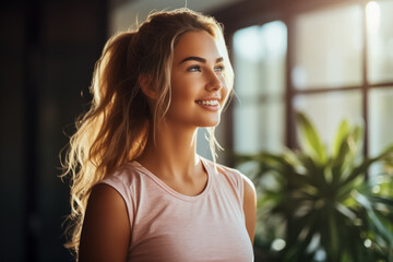 Fototapeta premium Young sporty woman happy at home after workout smiling cheerfully 