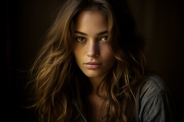 Fototapeta premium Young woman posing gazes at camera in captivating portrait 