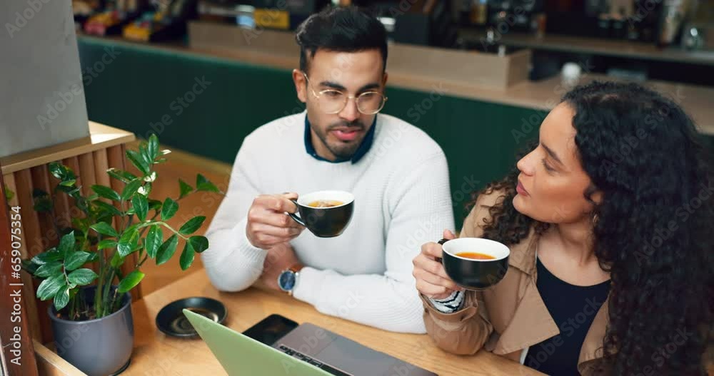 Poster laptop, small business and startup with a team in a coffee shop for collaboration on a break from wo