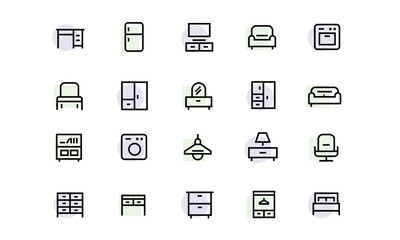 Furniture icon set. Home interior, linear icons. vector