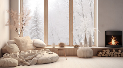 雪化粧の森を眺められる、暖炉のあるリビング